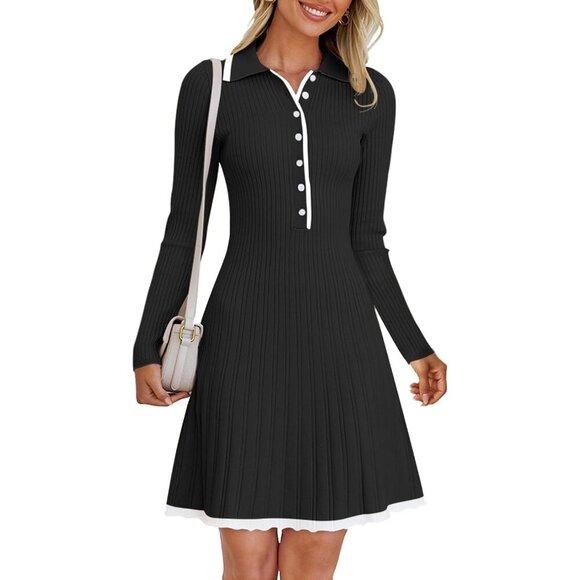 Merokeety Dresses & Skirts - Merokeety Women's Black Long Sleeve V Neck Button Knit Pleated Sweater Dress